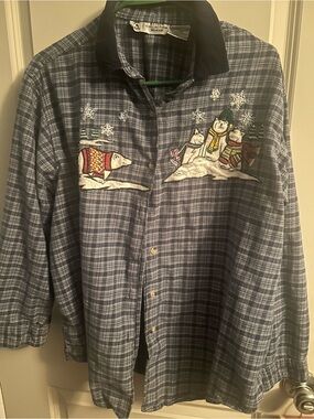 100% Cotton Vintage Studio Collection Woman Plaid Embroidered Button-Down Shirt